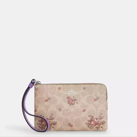 Coach Corner Zip Wristlet In Signature Canvas With Floral Print (Lilac/Sand) - Picture 1 of 7
